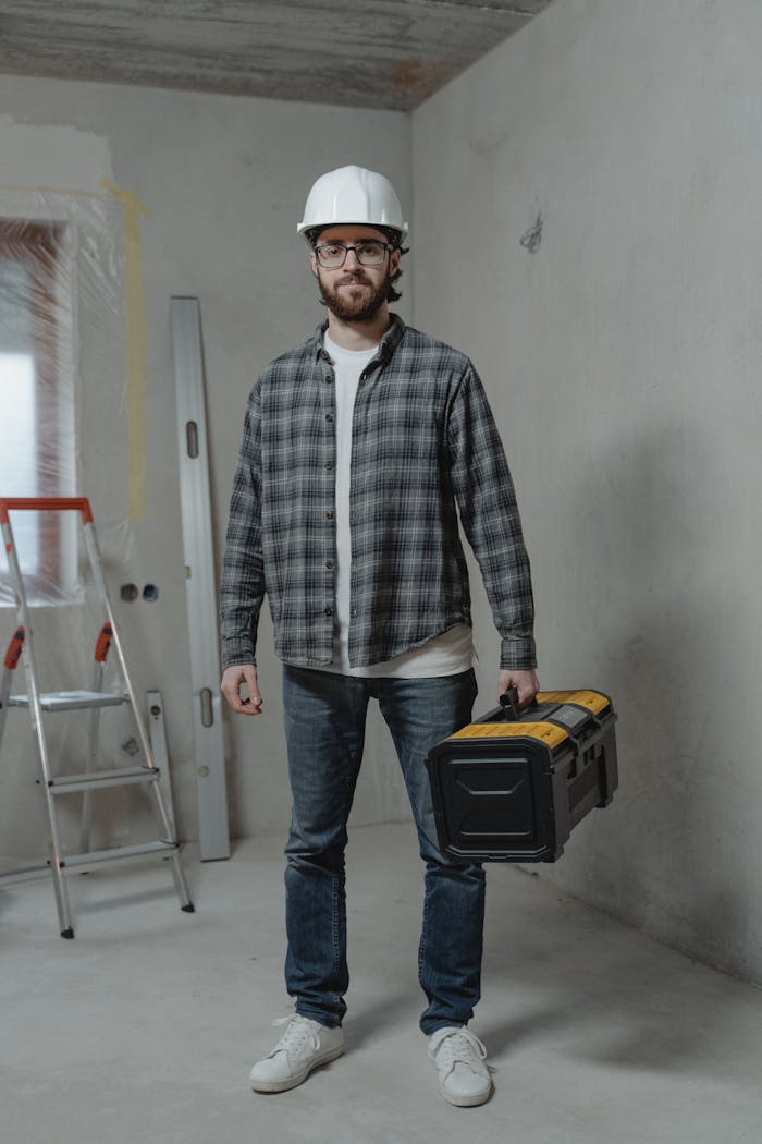 Construction worker in plaid shirt with toolbox indoors, showcasing renovation setting.